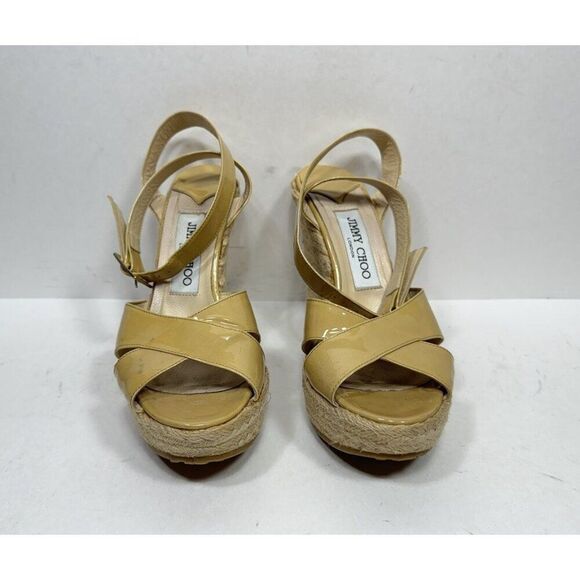 Jimmy Choo Italy Beige Leather Open Toe Wedge Espadrille Womens Size 7 US Heels - Picture 2 of 9